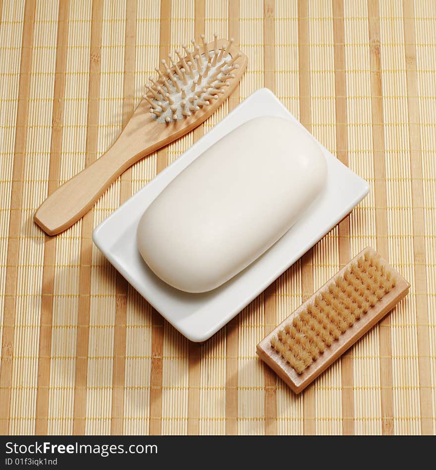 Spa display on a bright reed mat.