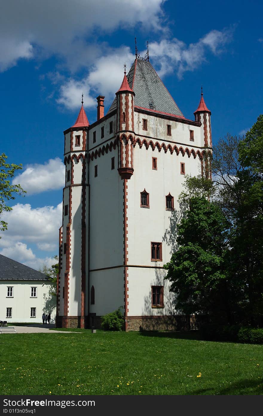 The white tower is part of the castle area  in the Czech Republic. Czech name - Hradec nad Moravicí. The white tower is part of the castle area  in the Czech Republic. Czech name - Hradec nad Moravicí