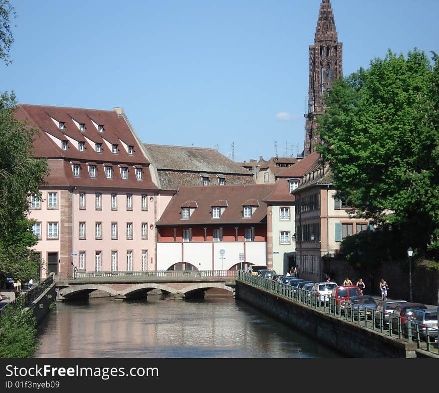 Old city of Strasbourg, France,  with historic houses on the river