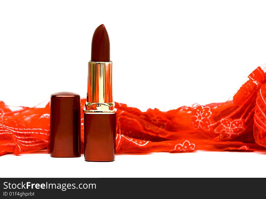 Red lipstick on white background