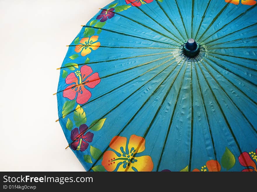 Detail shot of Japanese paper umbrella with printed flowers.