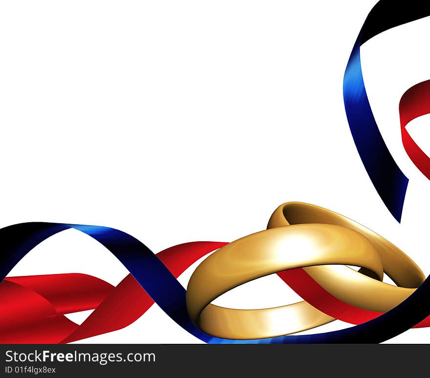 Two wedding rings intersected by red and blue ribbons