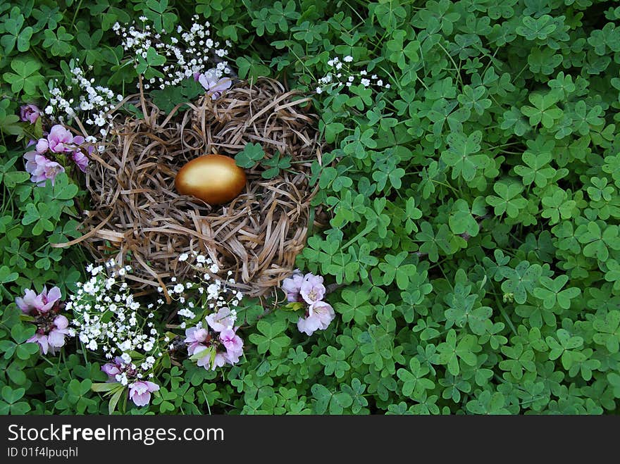 Gold eggs in nest surrounded by green clover. Gold eggs in nest surrounded by green clover