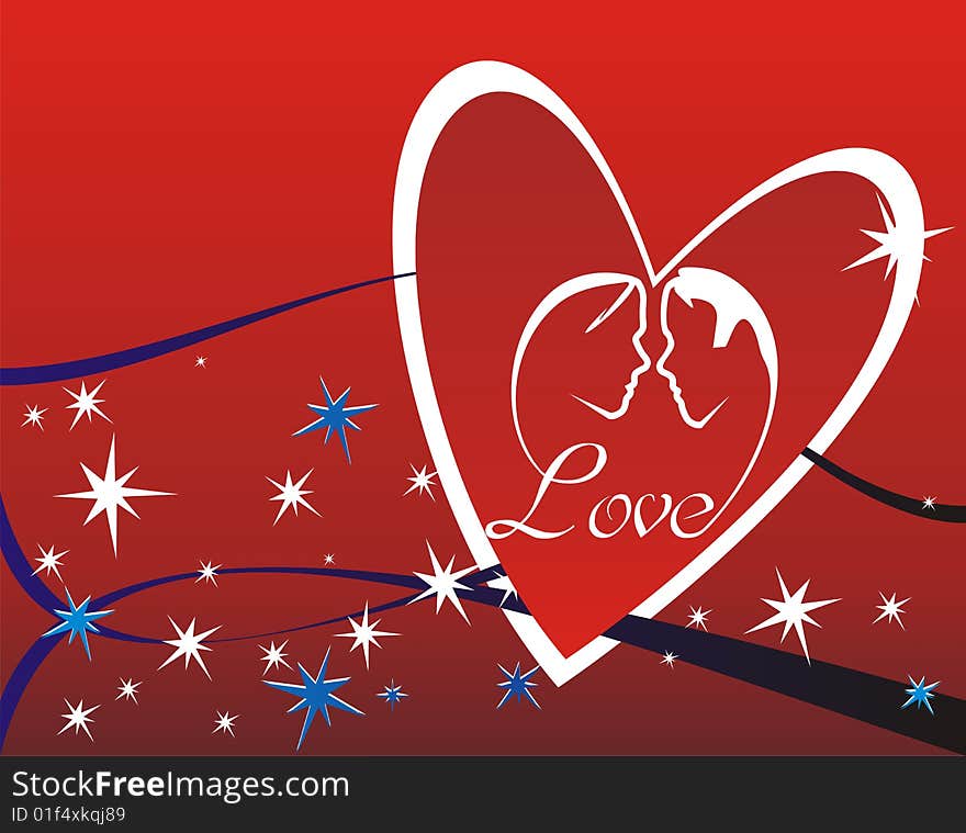 Lovers face silhouette grown from heart, stars and red  background. Lovers face silhouette grown from heart, stars and red  background