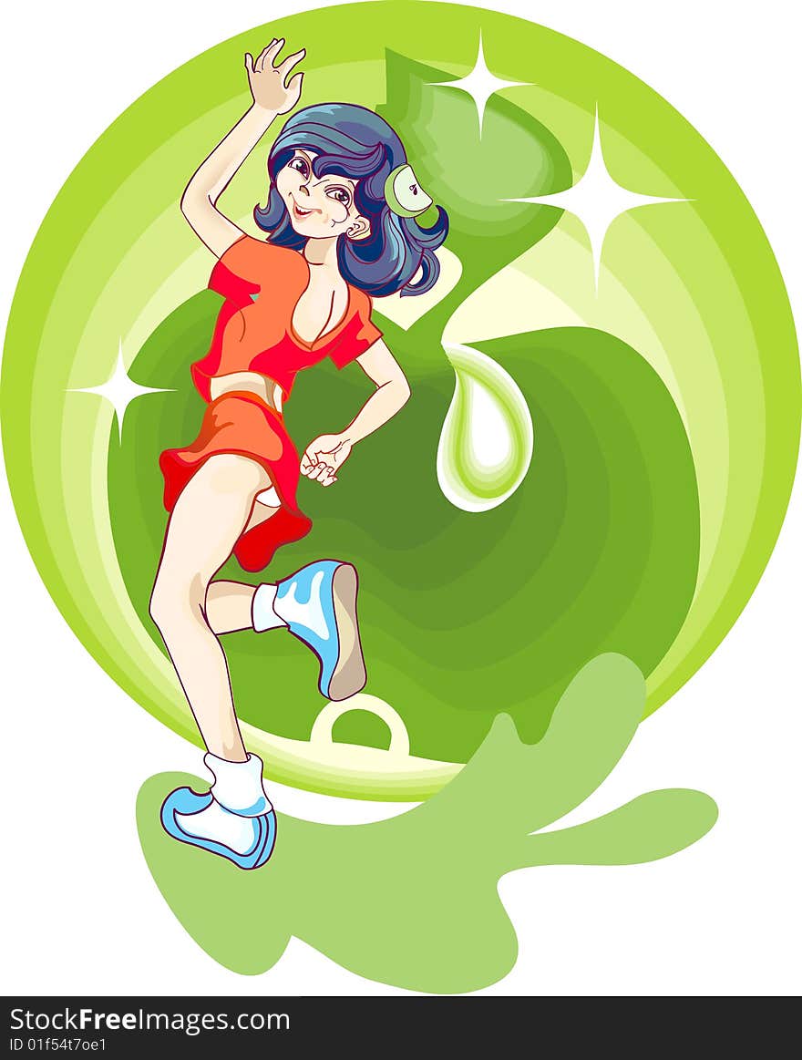 This is the girl in a red dress on a background of a green apple. This is the girl in a red dress on a background of a green apple