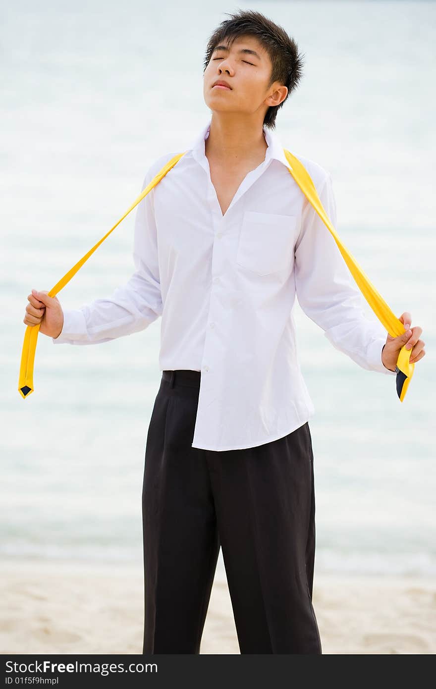 Young business man at the beach