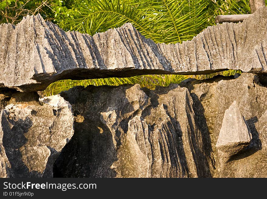 Bizarre rock eroded by the wind and rain in Tsinga National park in Madagascar. The limestone rock was eroded by rain and undercut by wind. Bizarre rock eroded by the wind and rain in Tsinga National park in Madagascar. The limestone rock was eroded by rain and undercut by wind.