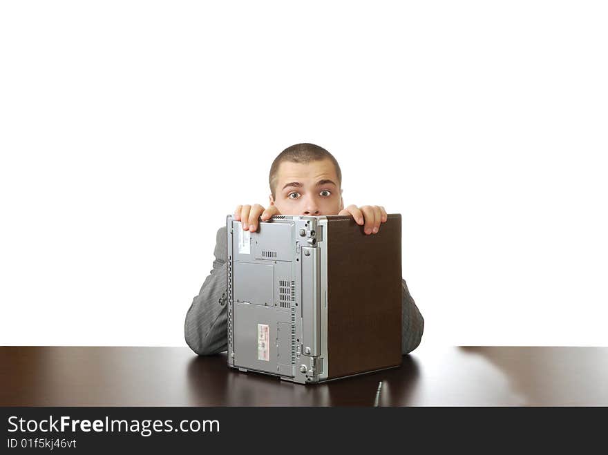 Scared businessman isolated on white background