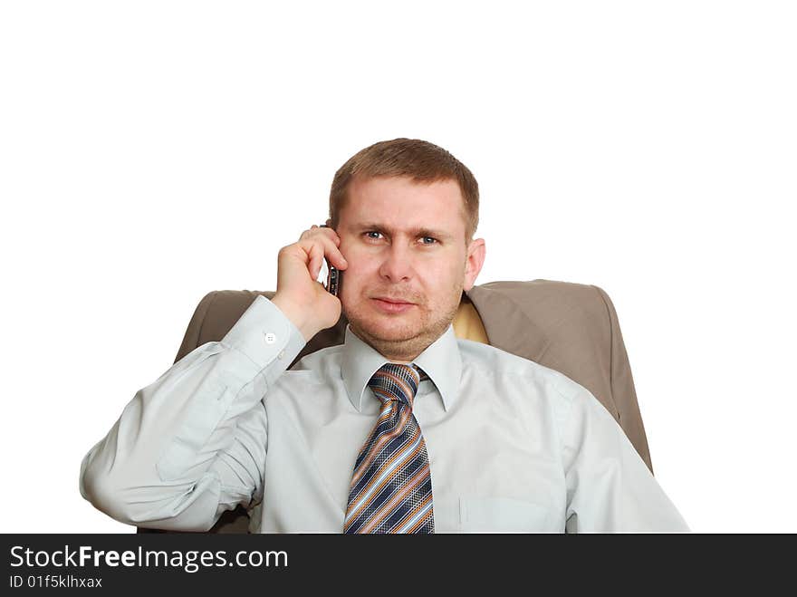 Man And Cell Phone Isolated On White Background