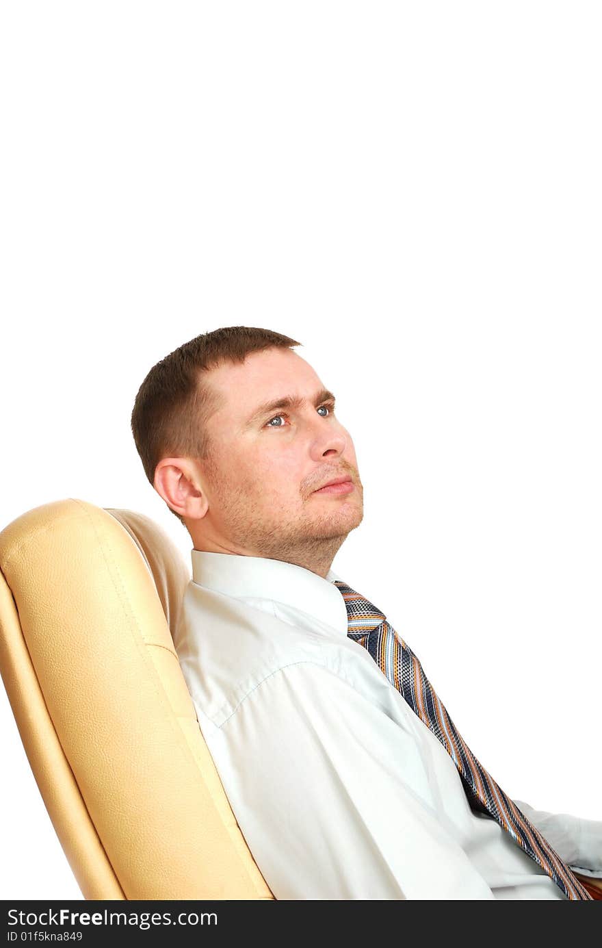 Man sitting on the armchair isolated on white back