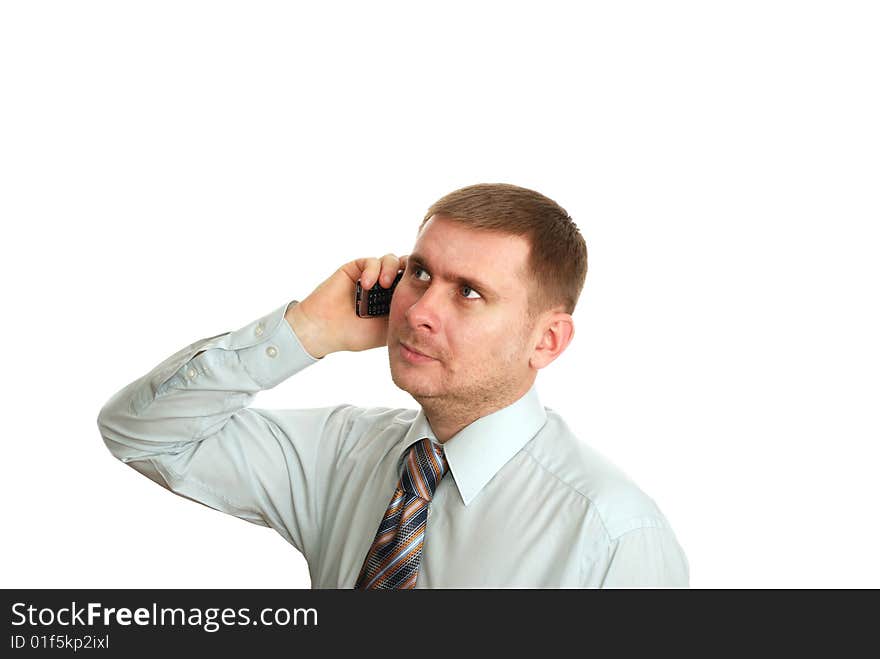 Man and cell phone isolated on white background