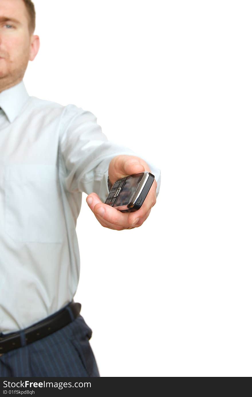 Man and cell phone isolated on white background