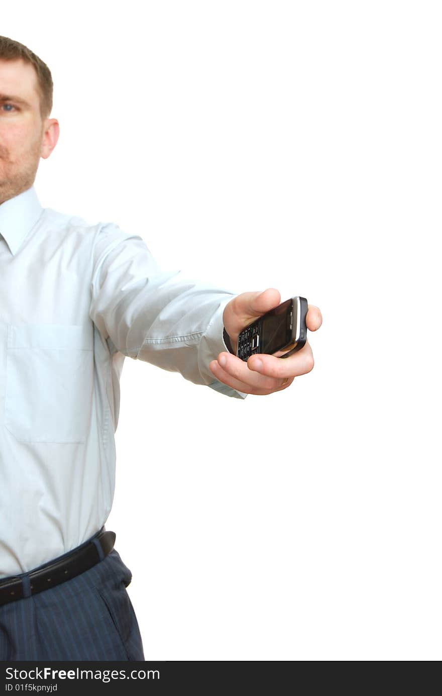 Man and cell phone isolated on white background