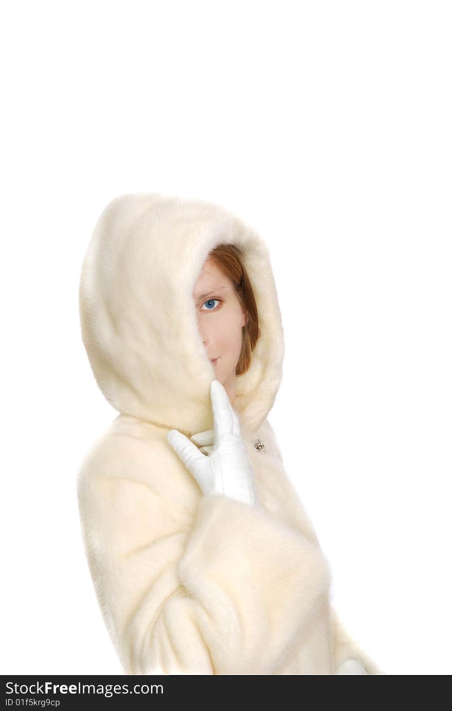 Young Girl And Fur Coat Isolated On White Backgrou