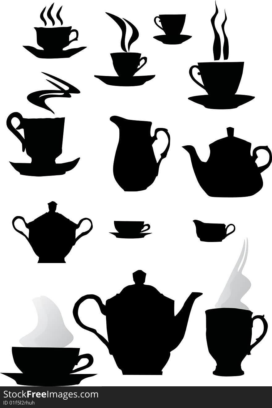 Illustration with coffee cup silhouettes isolated on white background