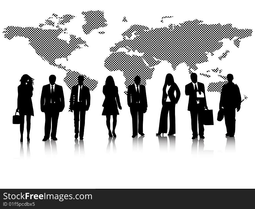 Illustration of business people and map