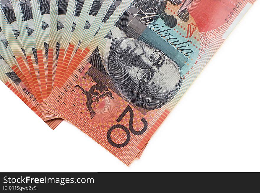 $20 Australian bills on a white background