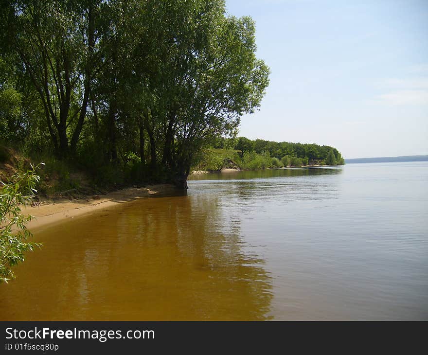 River with trees on background sky