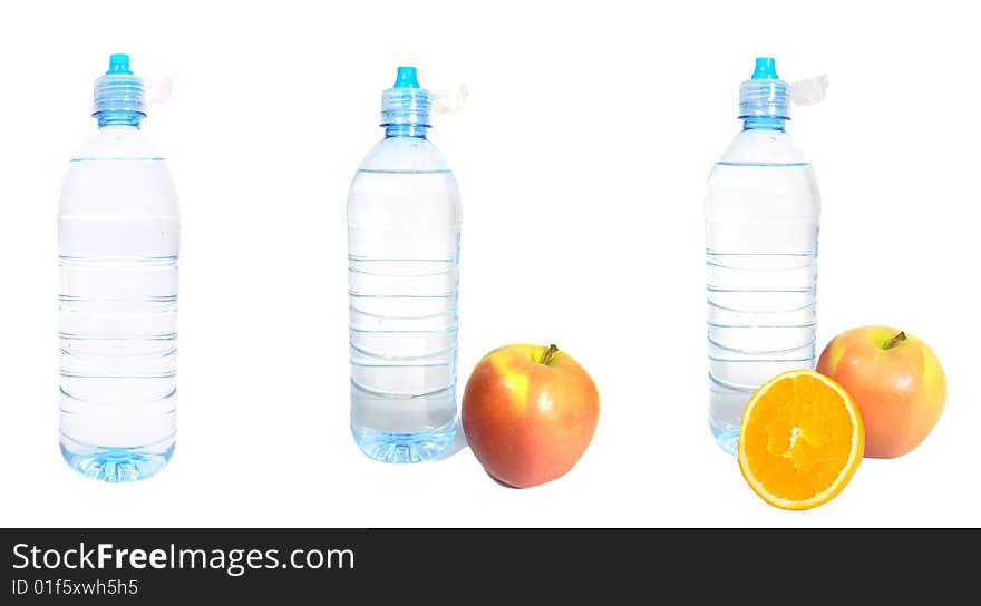 3 images of bottled water - isolated and with fruit. 3 images of bottled water - isolated and with fruit