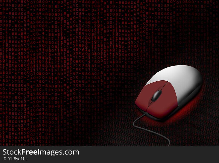 Red computer mouse with cable on digital background