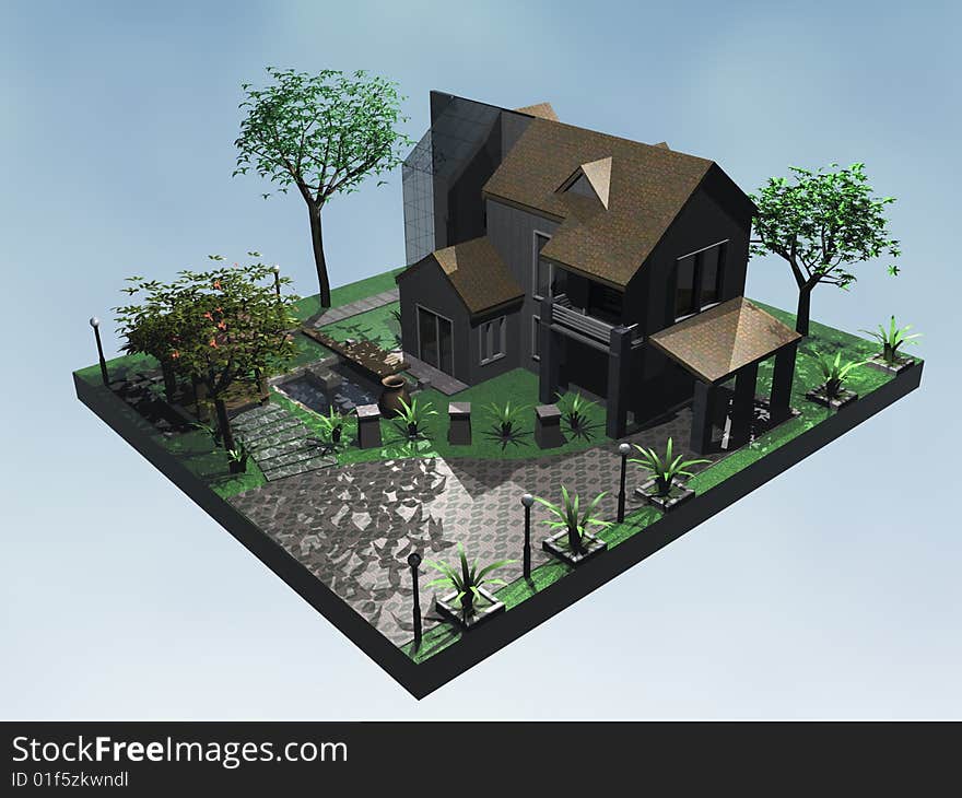 A 3D bungalow with garden. A 3D bungalow with garden