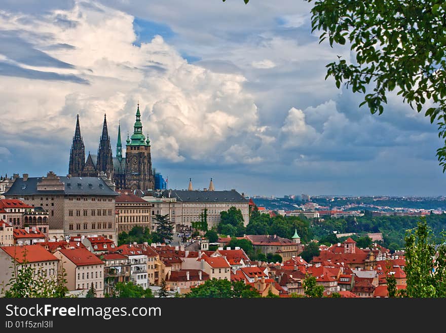 View of the center of old part Prague. Saint Vit cathedral.