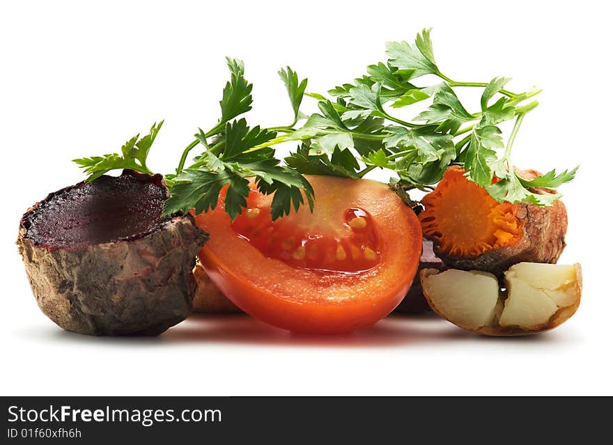 Tomato, parsley, grilled vegetables: potato, carrot, beet,  isolated on a white background. Tomato, parsley, grilled vegetables: potato, carrot, beet,  isolated on a white background