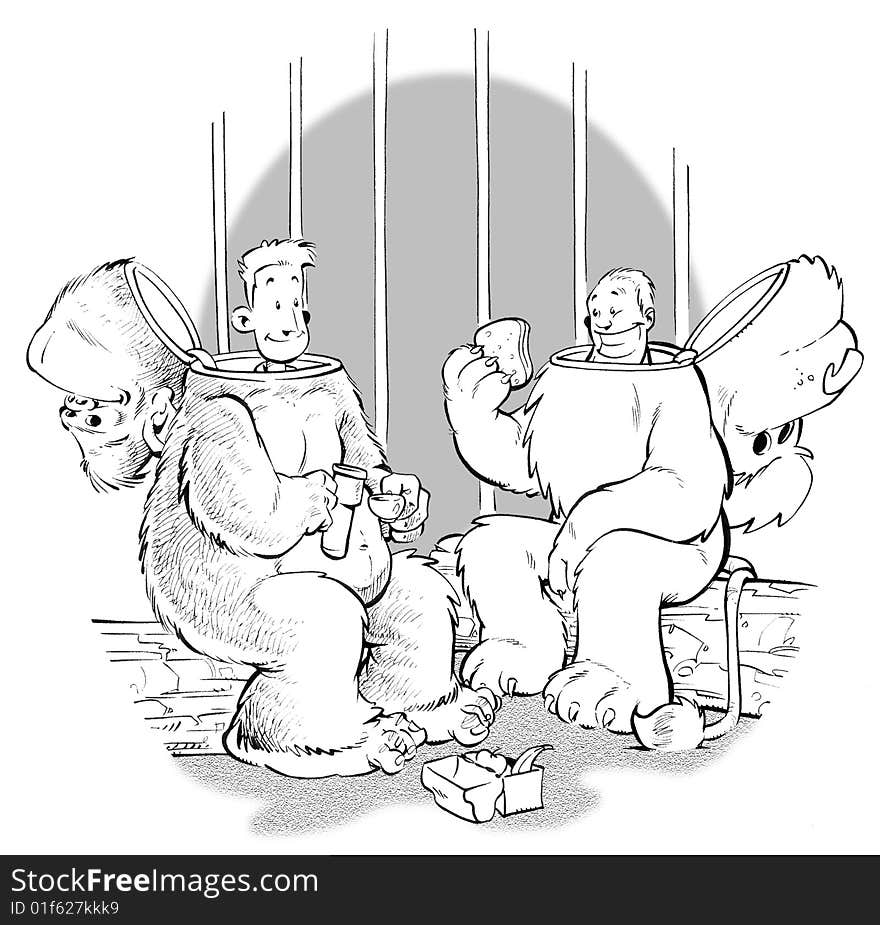 Two men in zoo as gorilla