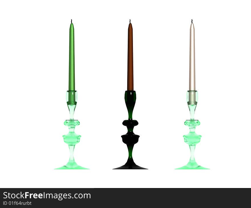 Three colored candles isolated on white