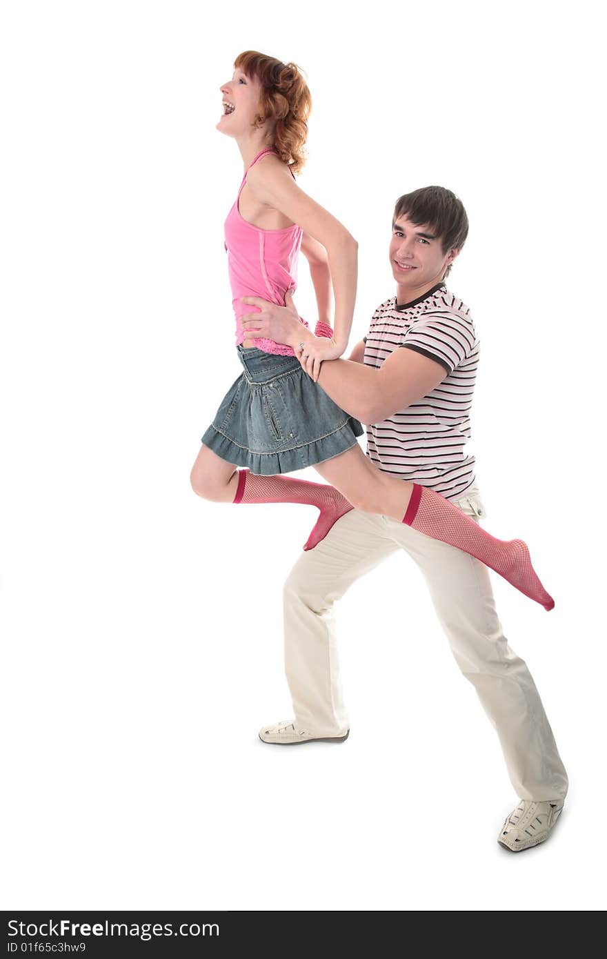 Couple young man and woman on white background