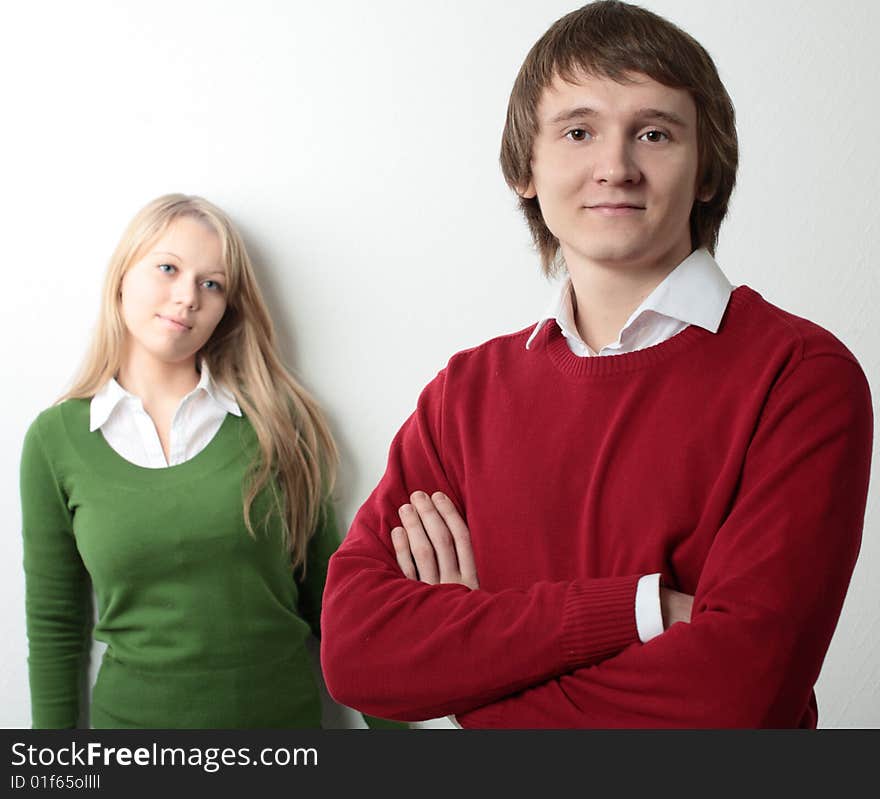 Couple young man and woman on white background