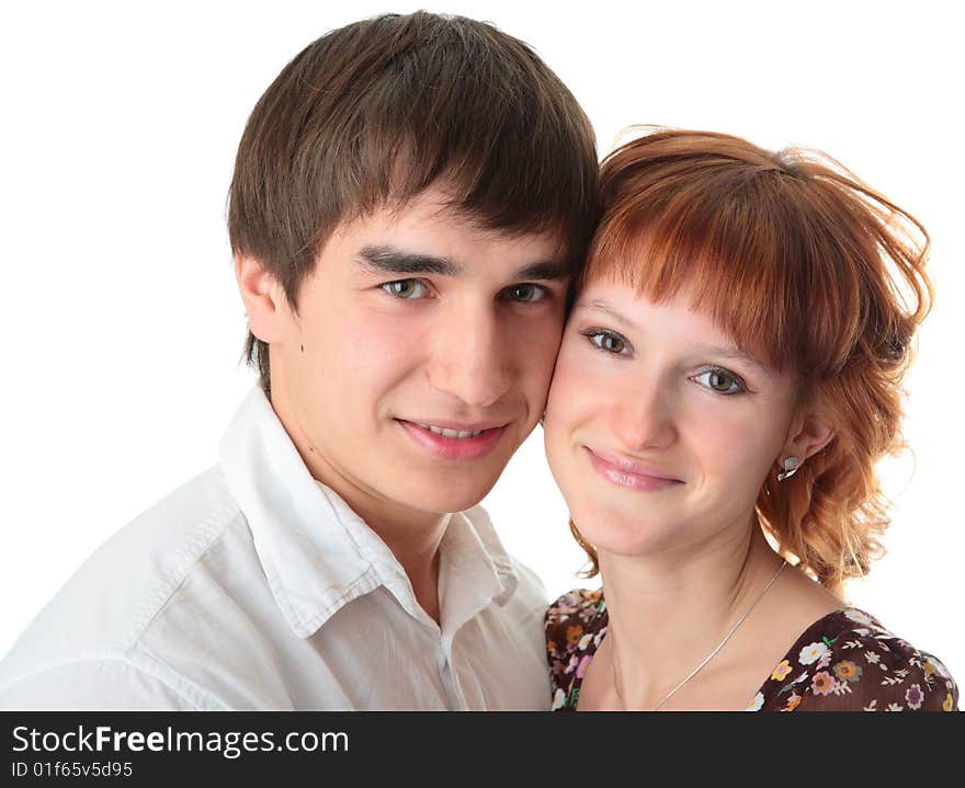 Couple young man and woman on white background