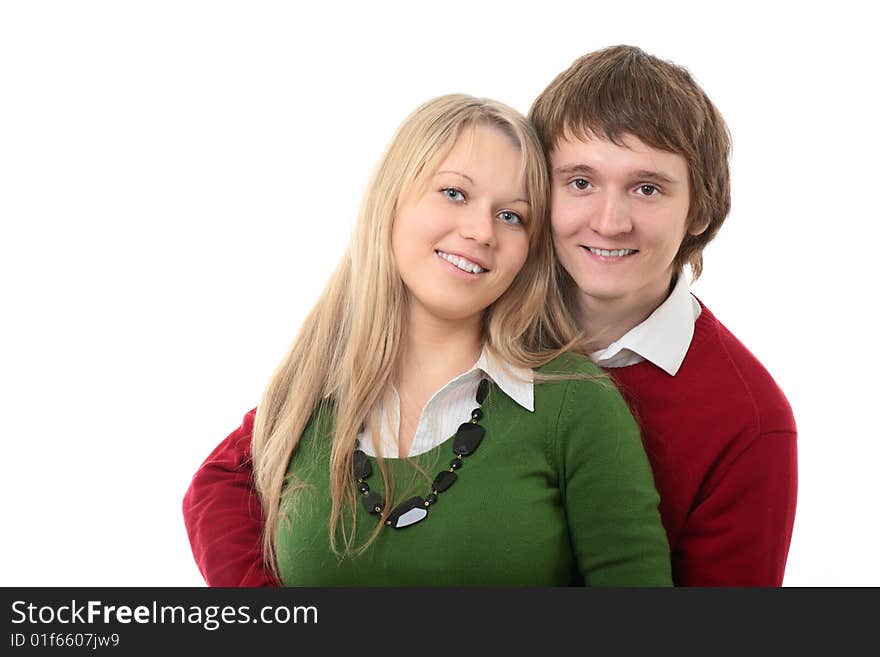 Couple young man and woman on white background