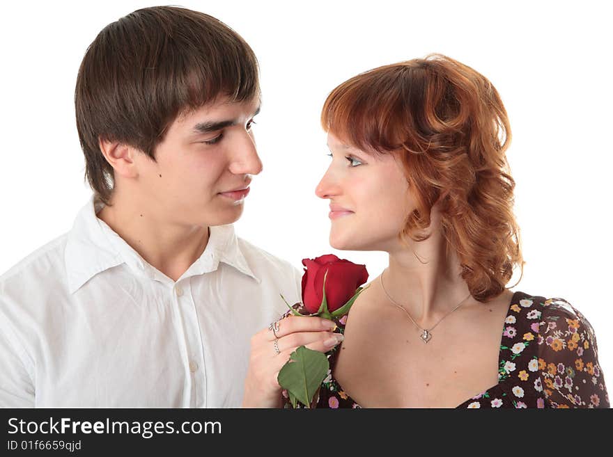 Couple young man and woman on white background