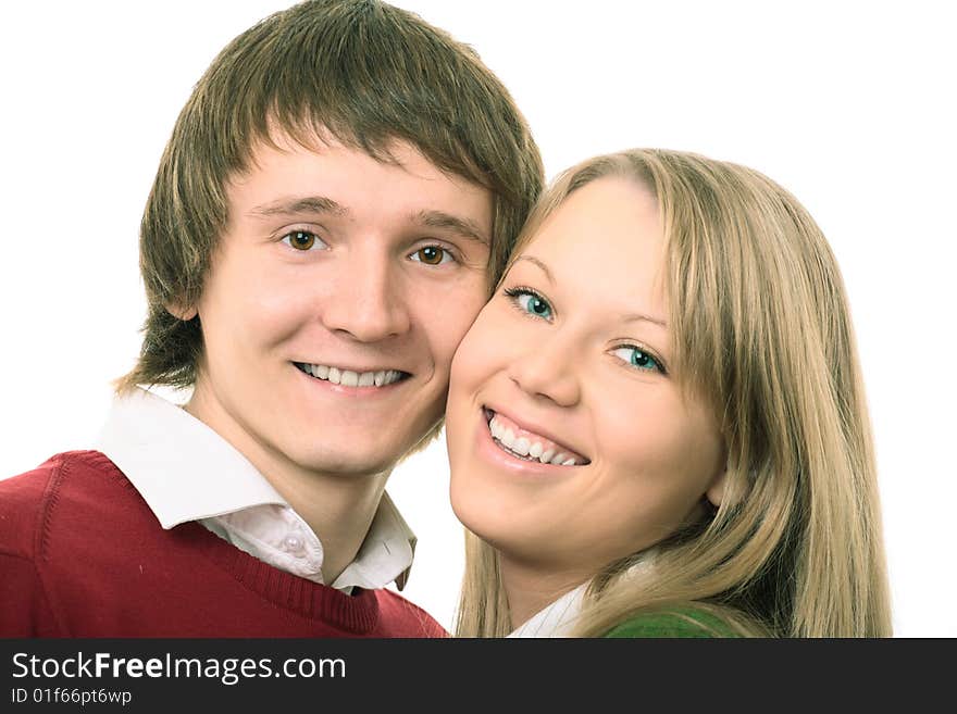 Couple young man and woman on white background