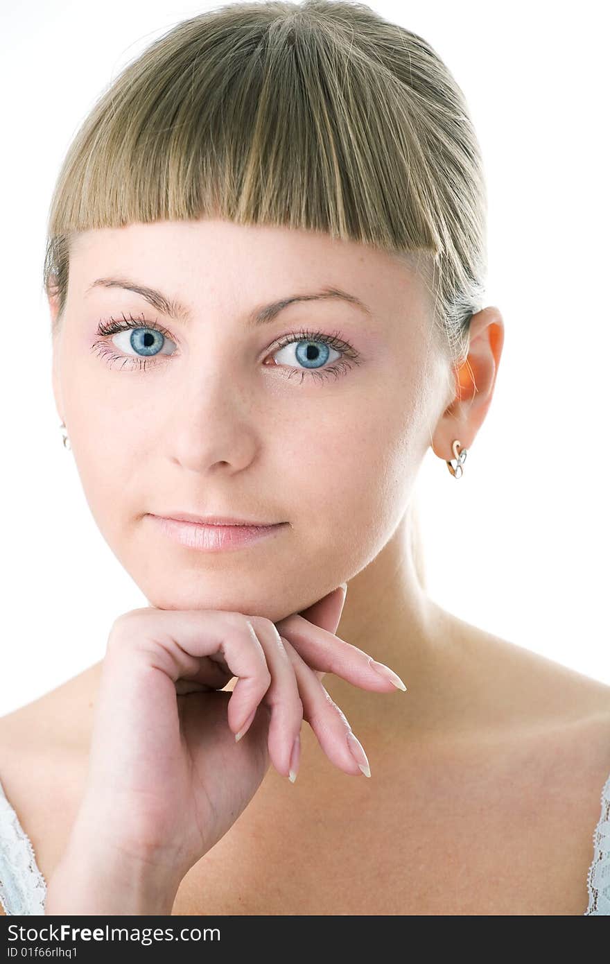 Young woman face on white background