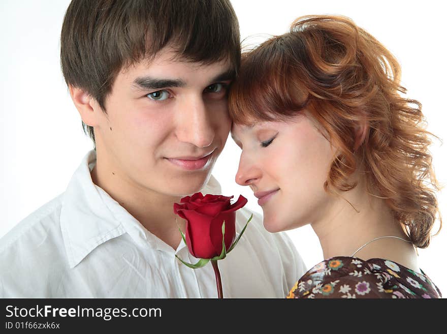 Couple young man and woman on white background