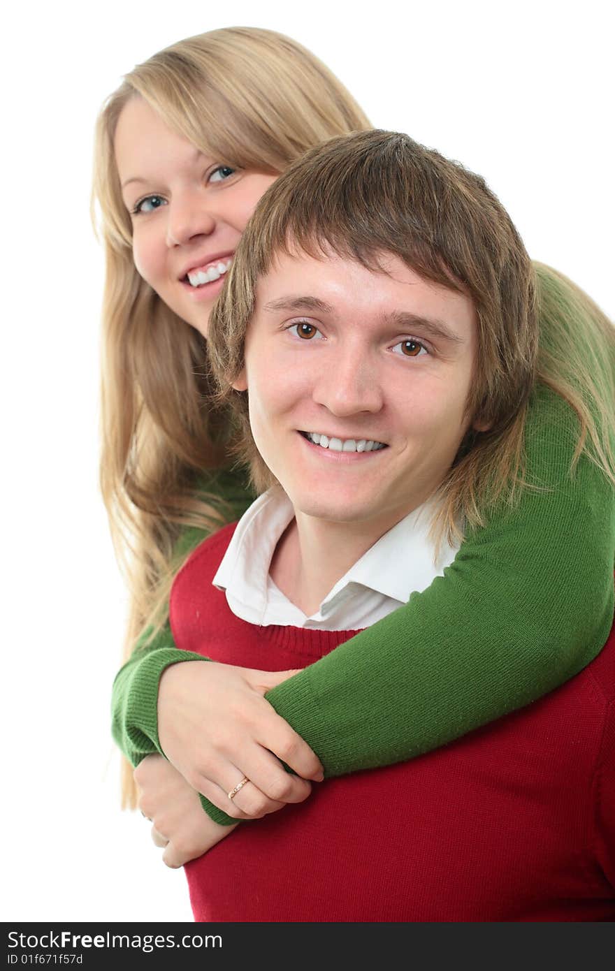 Couple young man and woman on white background