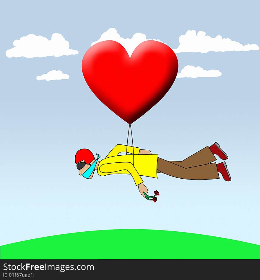 A cartoon of a man been carried by a heart balloon. A cartoon of a man been carried by a heart balloon.