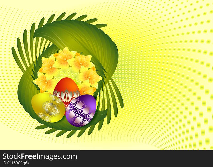 The image of easter eggs and narcissuses. The image of easter eggs and narcissuses