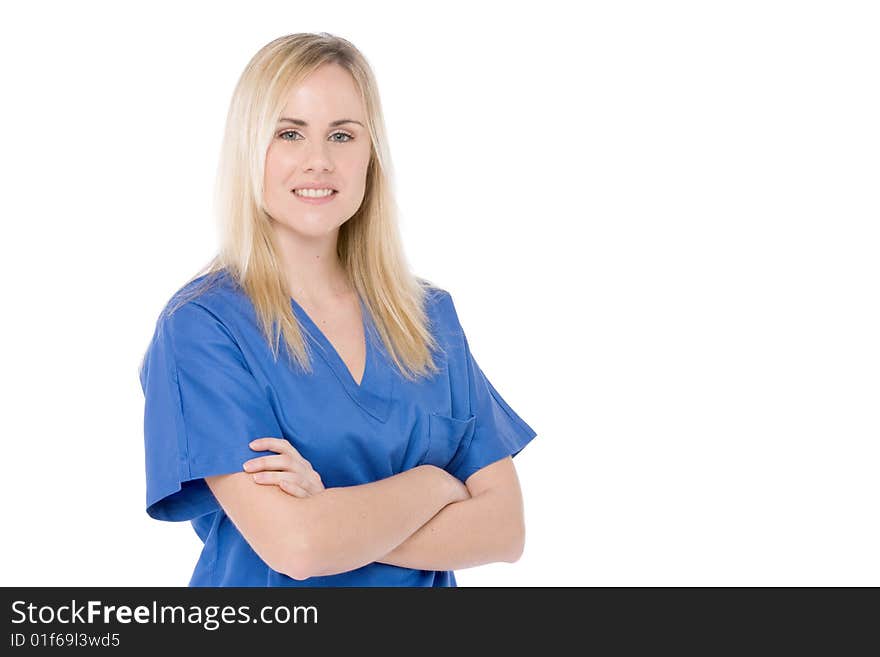 Nurse isolated on whitewith blue uniform