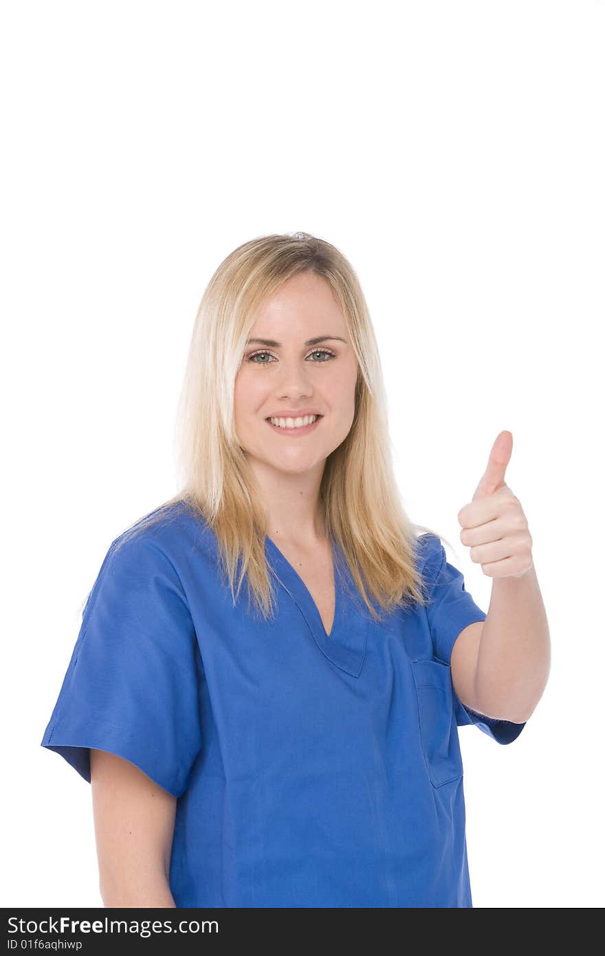 Studio shot of a nurse isolated on white with thumbs up. Studio shot of a nurse isolated on white with thumbs up