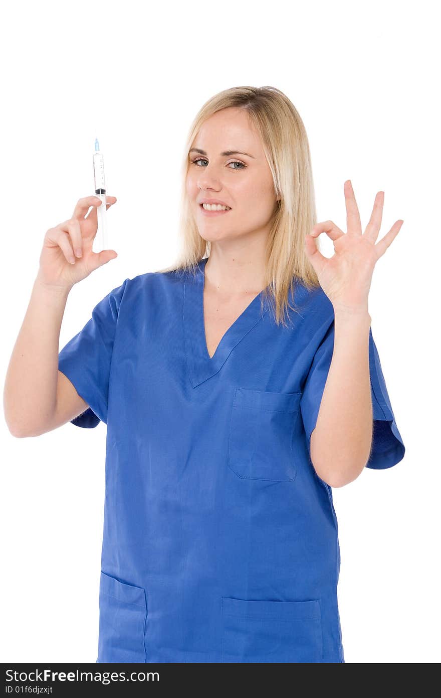 Nurse prepare syringe for injection,making the ok sign. Nurse prepare syringe for injection,making the ok sign