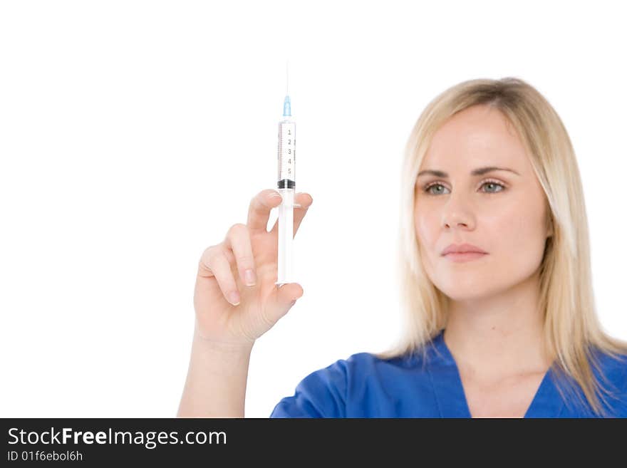 Nurse isolated on whitewith blue uniform