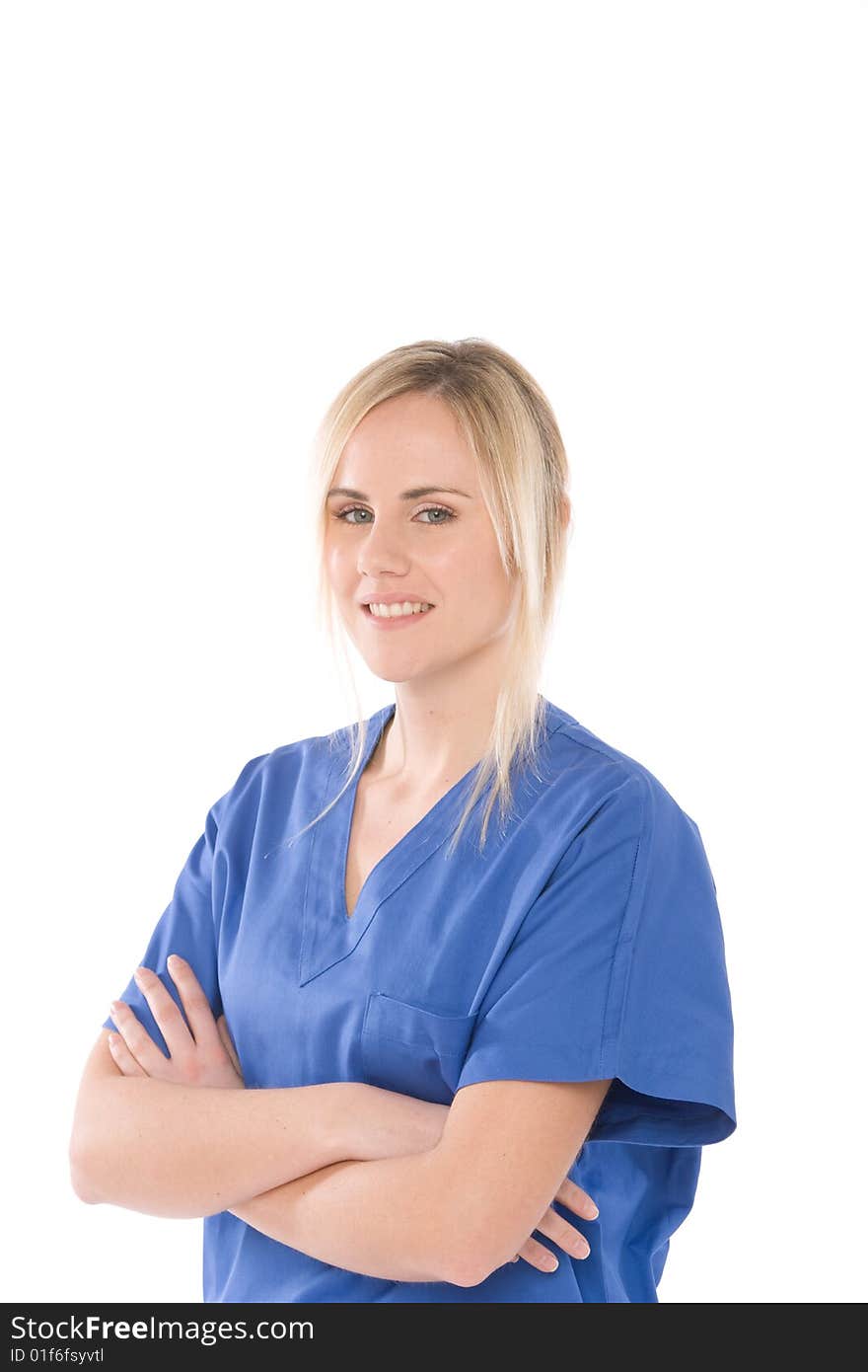 Nurse isolated on whitewith blue uniform