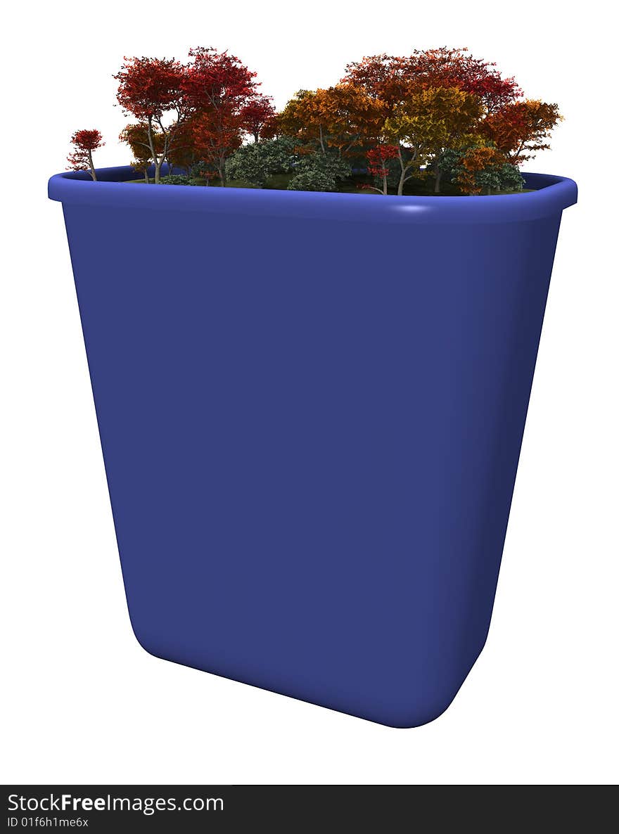 A CG recycling bin is populated with a clean forest. The front has been left blank to enable customization. A CG recycling bin is populated with a clean forest. The front has been left blank to enable customization.