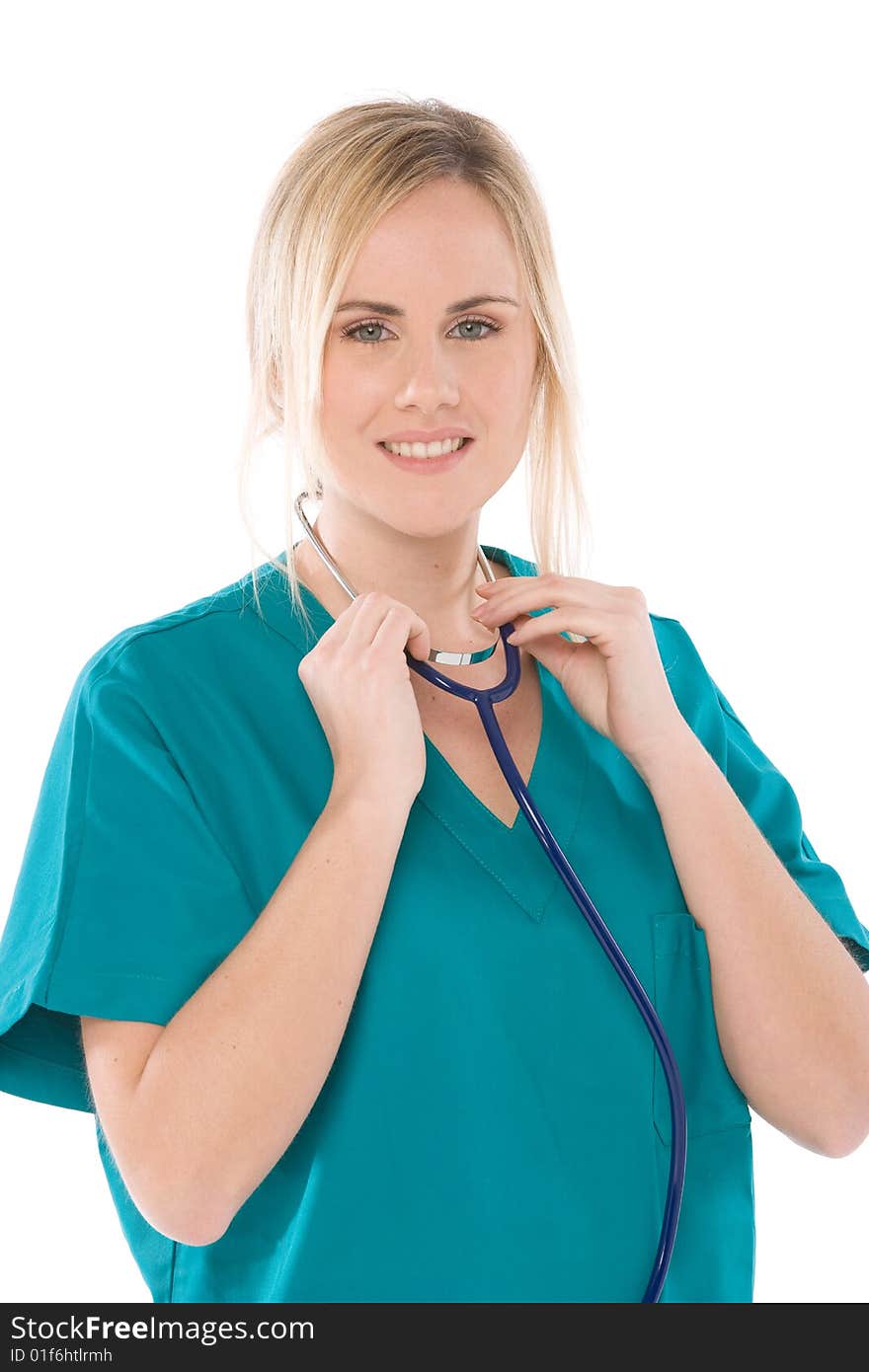 Nurse isolated on white with green uniform