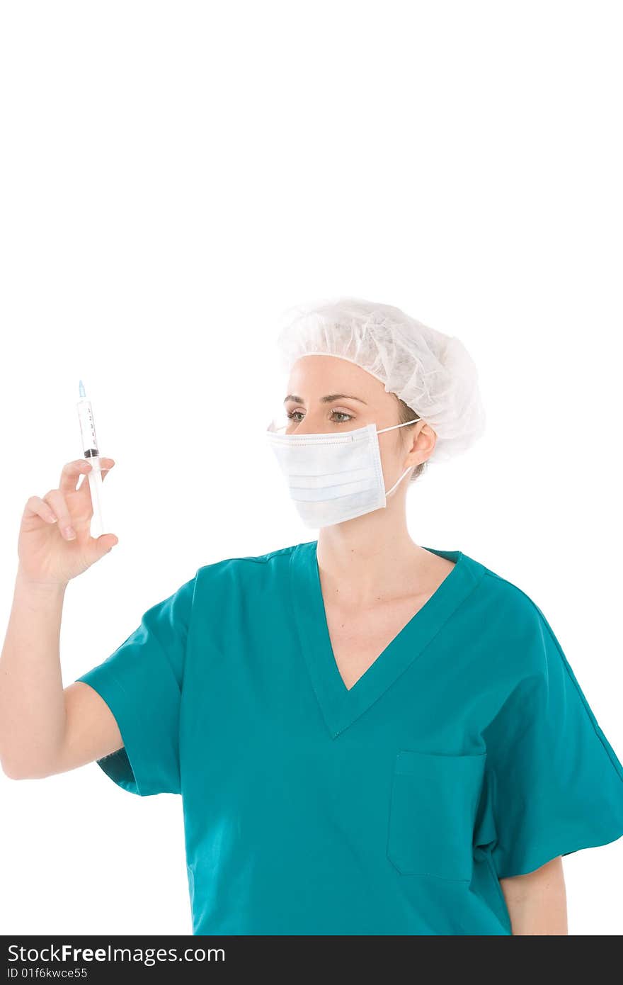 Surgery rooms nurse isolated on white background,preparing syringe. Surgery rooms nurse isolated on white background,preparing syringe