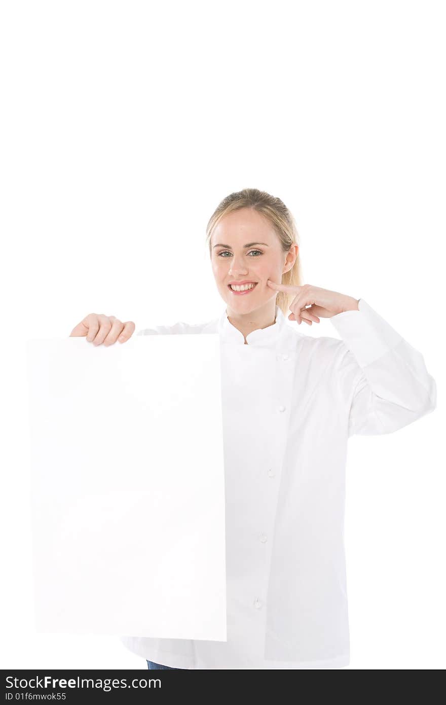 Woman chef isolate on white background holds a blank card