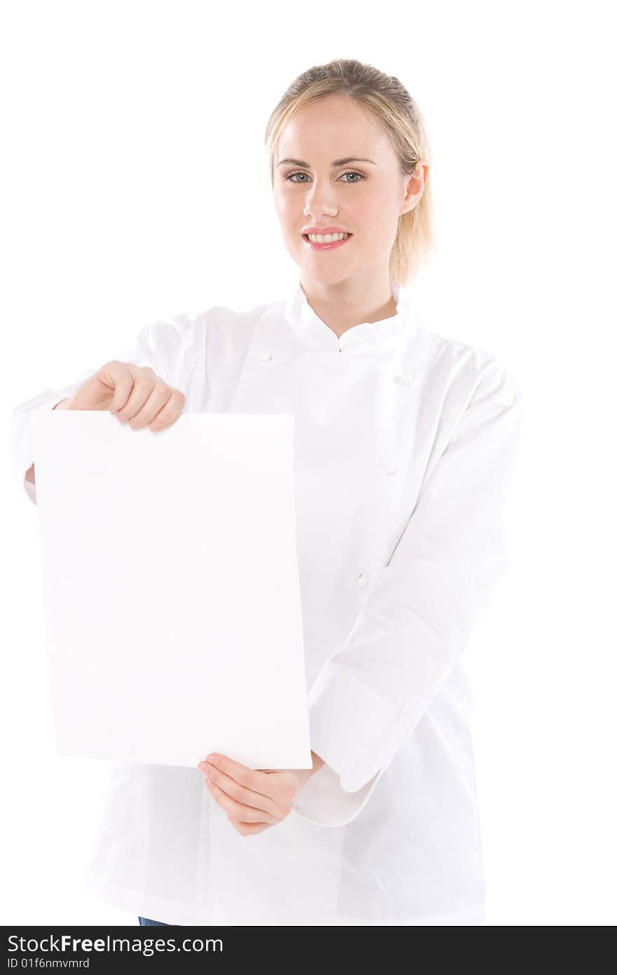 Woman chef isolate on white background holds a blank card